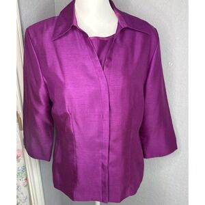 Sag Harbor Twin Set Blouse + Tank 2 PC 3/4 Sleeves Fuchsia Pink Shiny 10